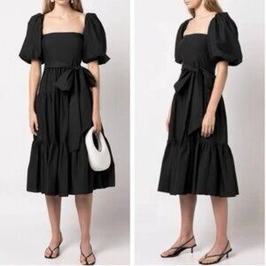 Cara Cara Elegant Black Midi Dress with Puff Sleeves